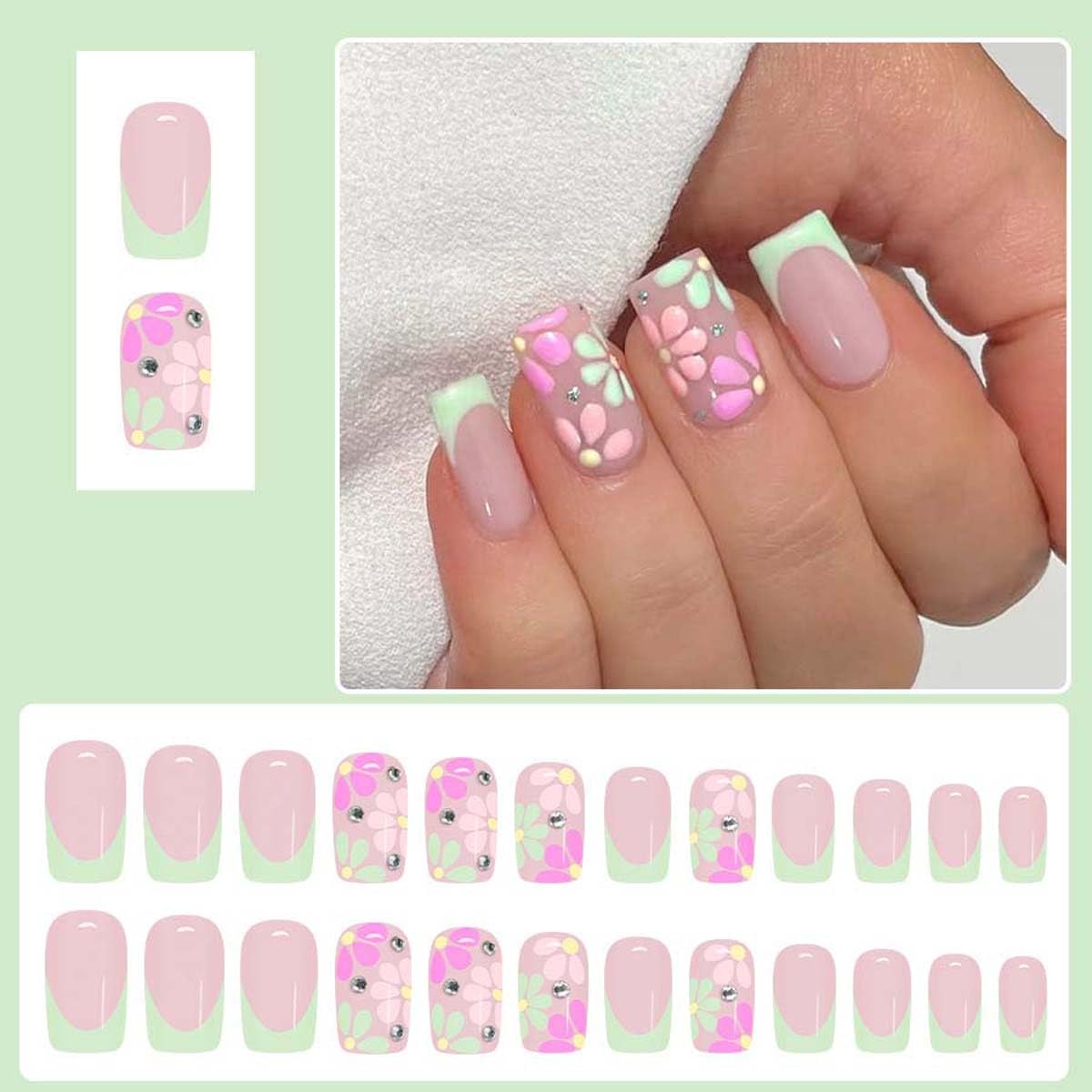 LINMEIZAI Press on Nails Short Square, Pastel Green French Tip Fake Nails Press ons with Pink Petal Designs, Cute Glossy Stick on Nails, Nail Art False Nails, Acrylic Nail Kit for Women Girls, 24 Pcs