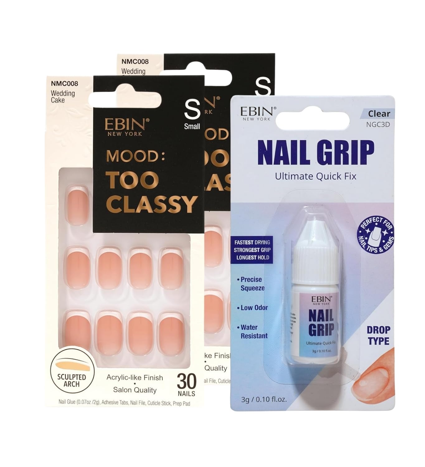 Kiss Press on Nails Short – 2x Mood Too Classy Wedding Cake Bundle with Nail Grip by EBIN NEW YORK – French Manicure Style Press On Nails with Secure Hold & No Glue Application – Gift Set (3 Items)