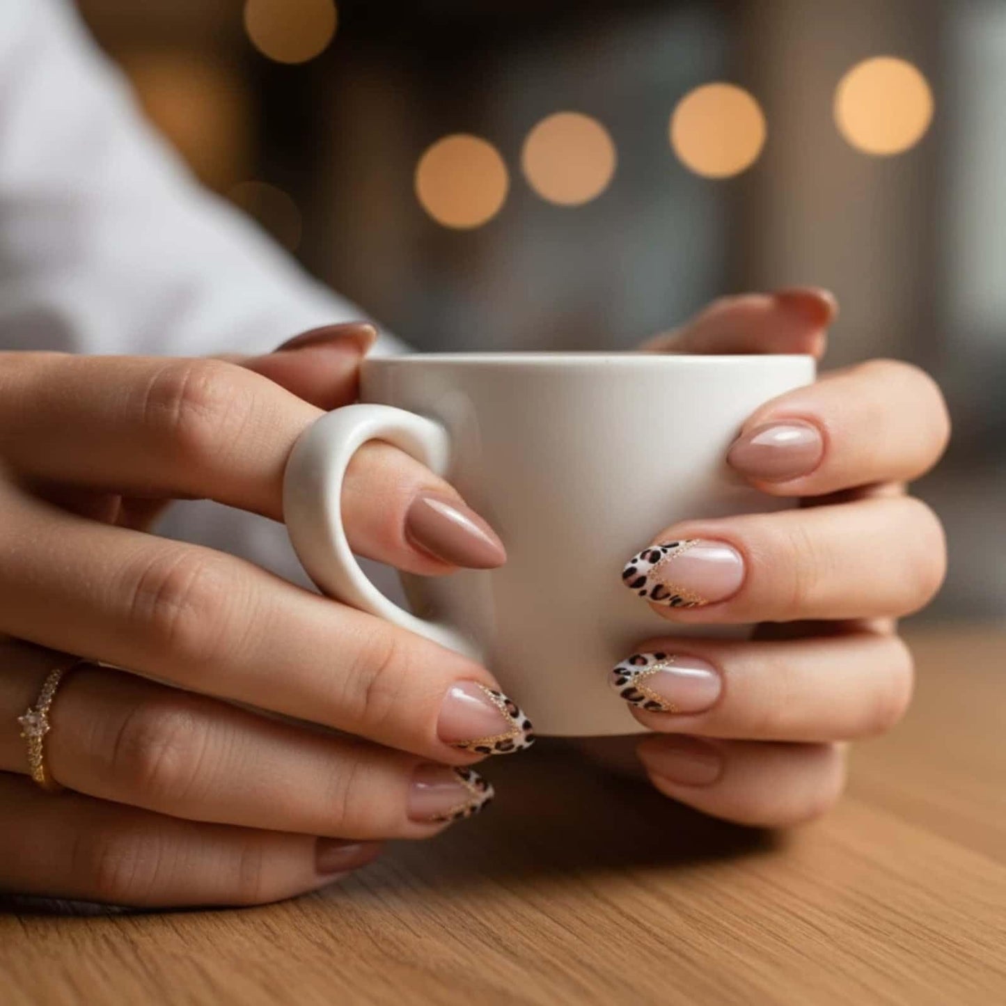 Valentine Short Almond Press on Nails French Tip Fake Nails Brown Leopard Print with Gold Glitter Design Full Cover Acrylic Nails Removable Artificial Stick on Nails for Women 24 Pcs
