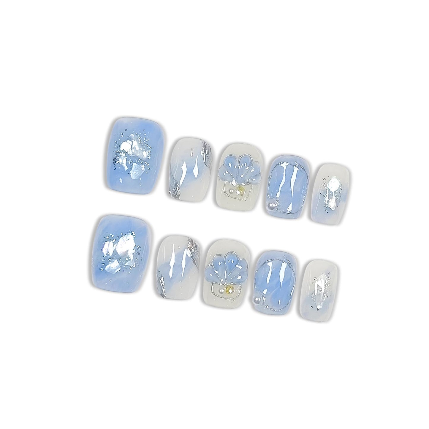 Hantyer Press on Nails, Short Coffin Fake Nails, Blue Marble & Hand-Painted Silver Streaks, Icy Blue Glittering Nails, Handmade Nails Sweet Style for Office, Holiday Parties & Special Events(Size M)