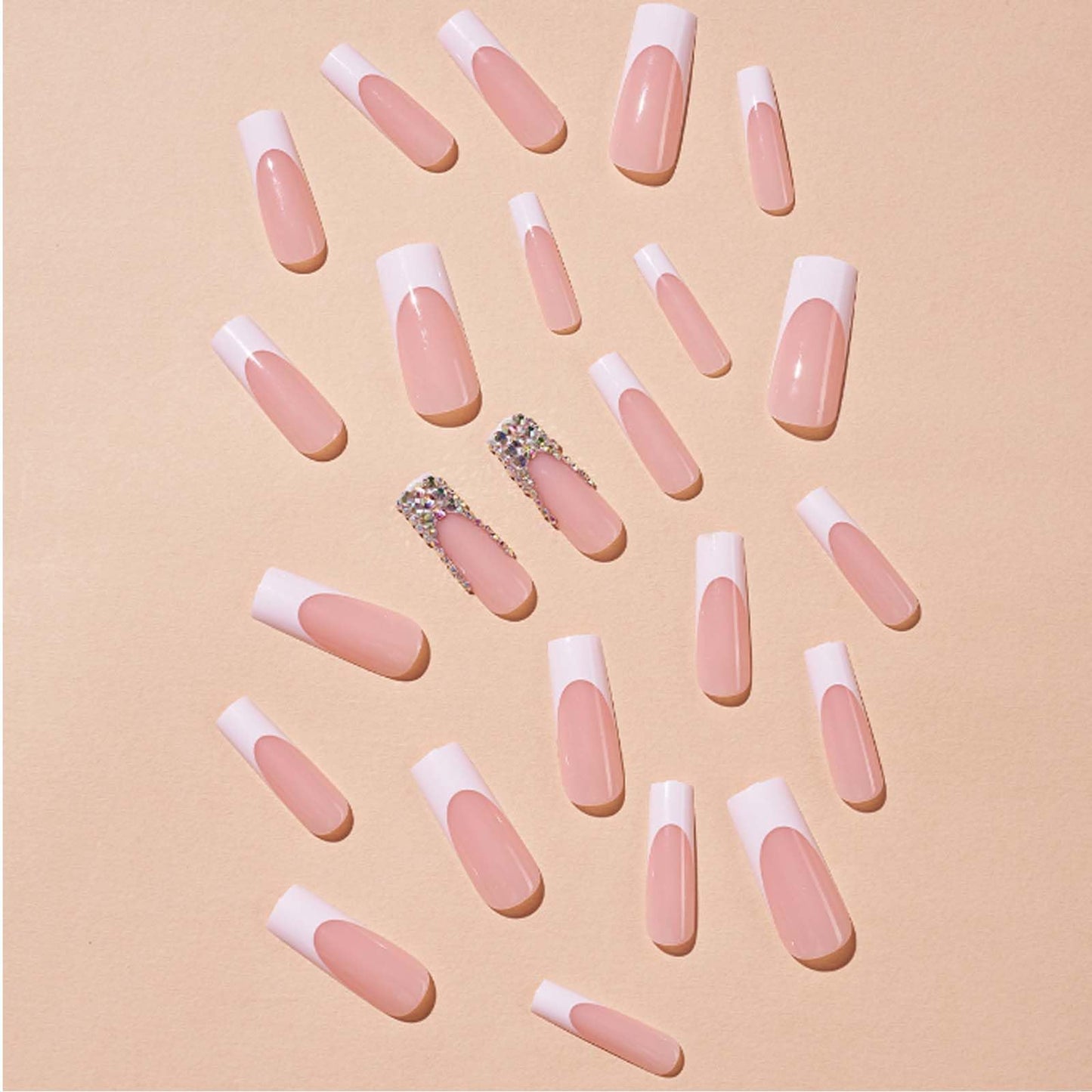 DANMANR Square Fake French Nails False Long Nails Full Cover Acrylic Long Fake Nails for Women and Girls 24PCS (Color 10)