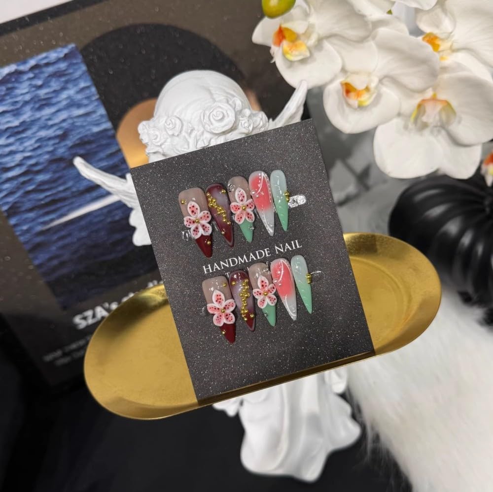 Vokupoga Long Stiletto Handmade Press on Nails French Tip Fake Nails Nude False Nails with 3D Flower Charms Designs Glossy Artificial Nails for Women 10Pcs(Size M)