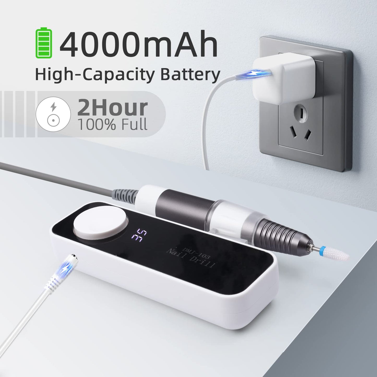 SAVILAND Electric Nail Drill 35000RPM: High Speed Portable Nail Drill Machine Nail File with Ceramic Corn Bit USB Rechargeable for Acrylic Gel Nails Removal Manicure Pedicure Kit for Home Salon White