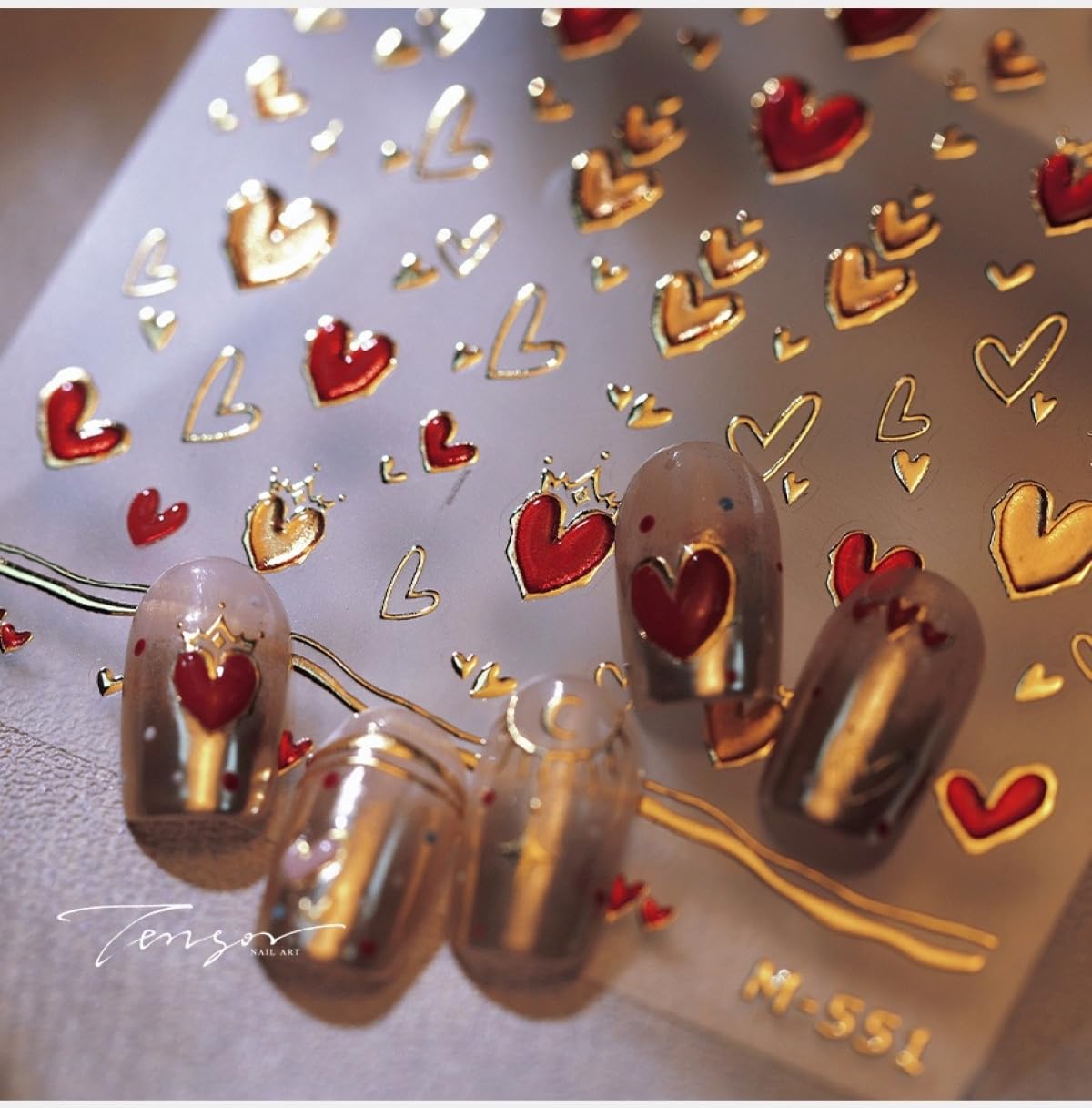 5D Embossed Heart Nail Stickers for Nail Art Red Nail Art Stickers Valentines Day Nail Decals Self-Adhesive Love Sticker Valentine’s Day Gold Hearts Nail Supplies for Women Girls DIY Manicure