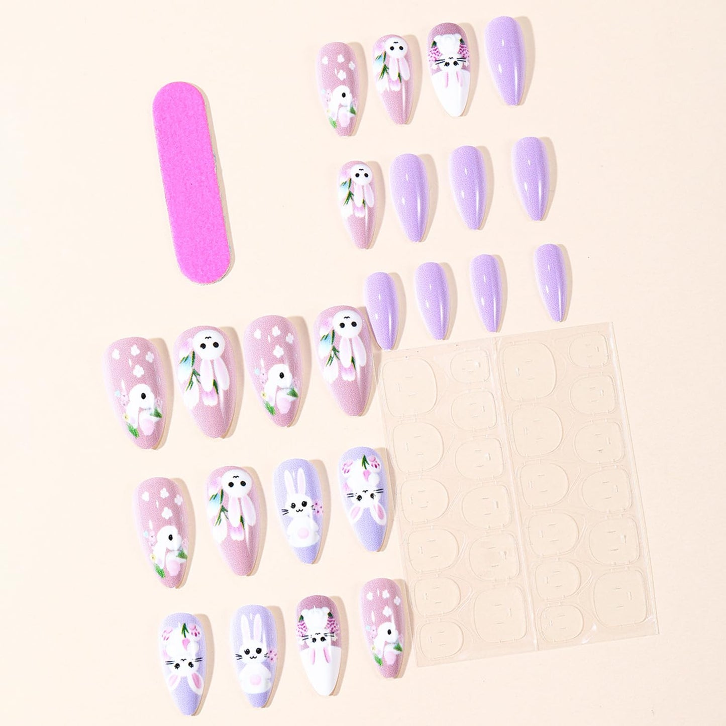CJDLTS Flowers Easter Press on Nails Medium Artificial Almond Acrylic Fake Nails Cute Cartoon Rabbit Design Press Ons Artificial Fingernails Full Cover Glossy for Women Festival Manicure 24Pcs