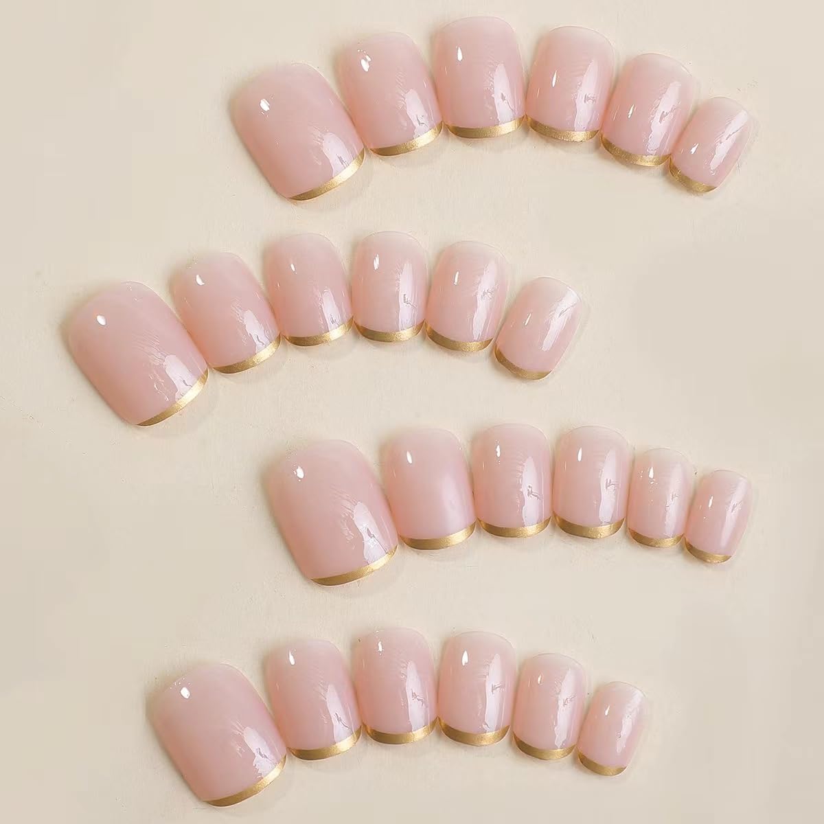 Gold French Tip Press on Nails Short Fake Nails with Design Square Acrylic Glue on Nails Glossy Full Cover Nude Stick on Nail Reusable Artificial Squoval False Nail for Women Girls Manicure 24pcs