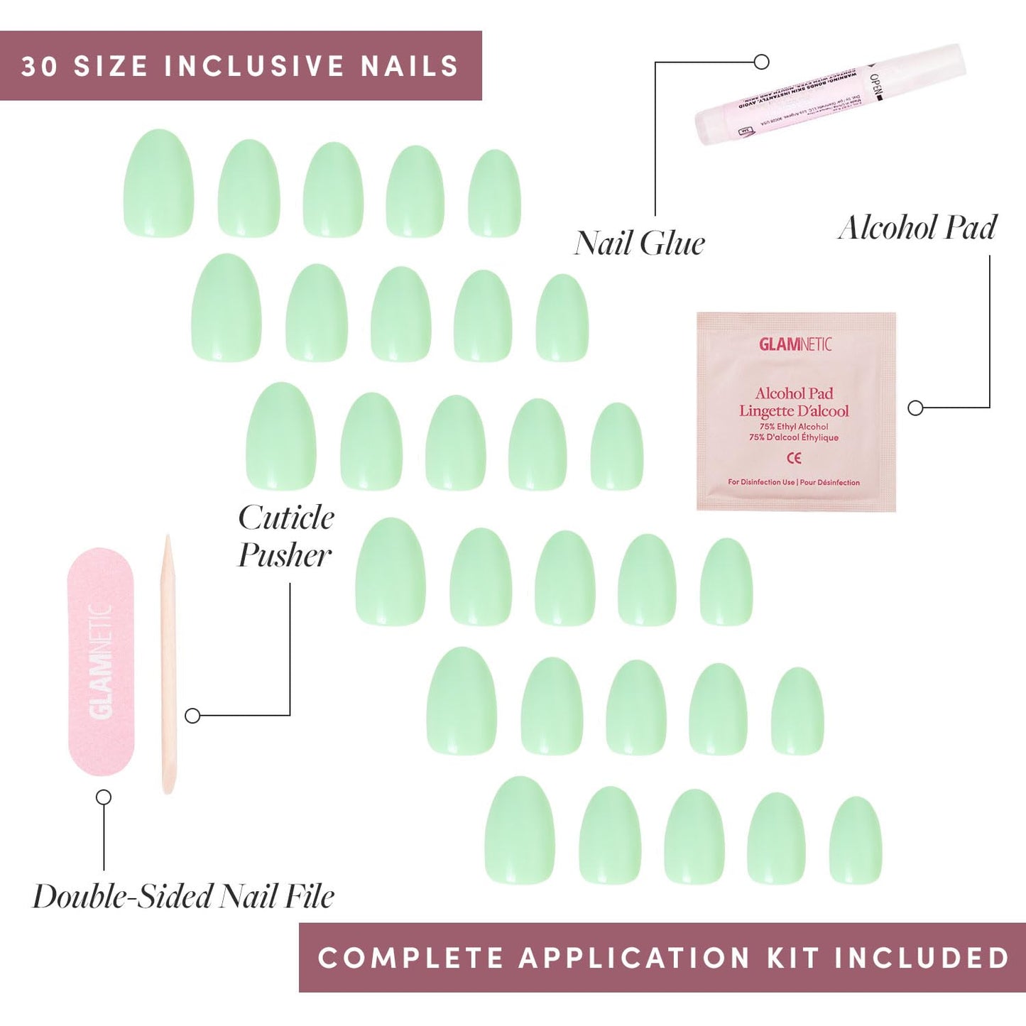 Glamnetic Press-On Nails - Mint Green | Pastel Green Short Oval Fake Nails | 15 Sizes - 30 Nail Kit with Glue and Remover