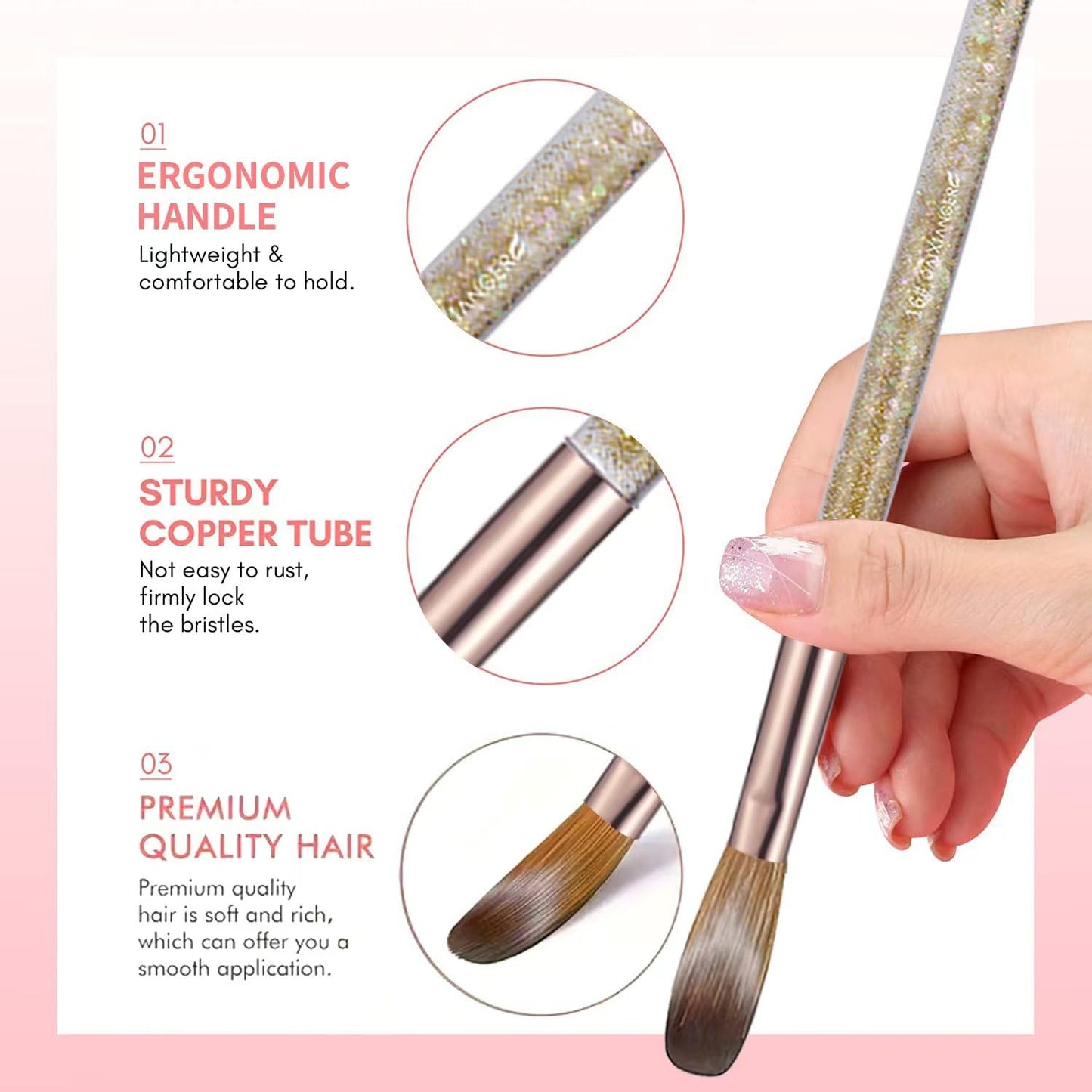 Acrylic Nail Brush Set, Size #10#12#14#16#18 Nail Sculpting Brushes with Dual-Ended Stainless Steel Nail Brush & Cuticle Pusher, Professional Manicure Kit for Acrylic Application & DIY Manicure