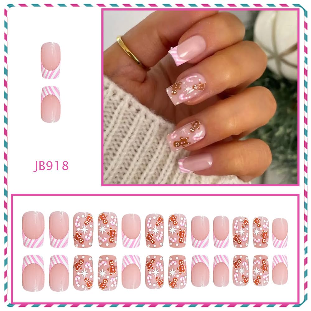 Pink French Tip Press on Nails Christmas Gingerbread Man Cane Nude Pink Nails Press ons Medium Square Fake Nails for Women Full Cover Cute Christmas Glue on Nails Holiday Nails