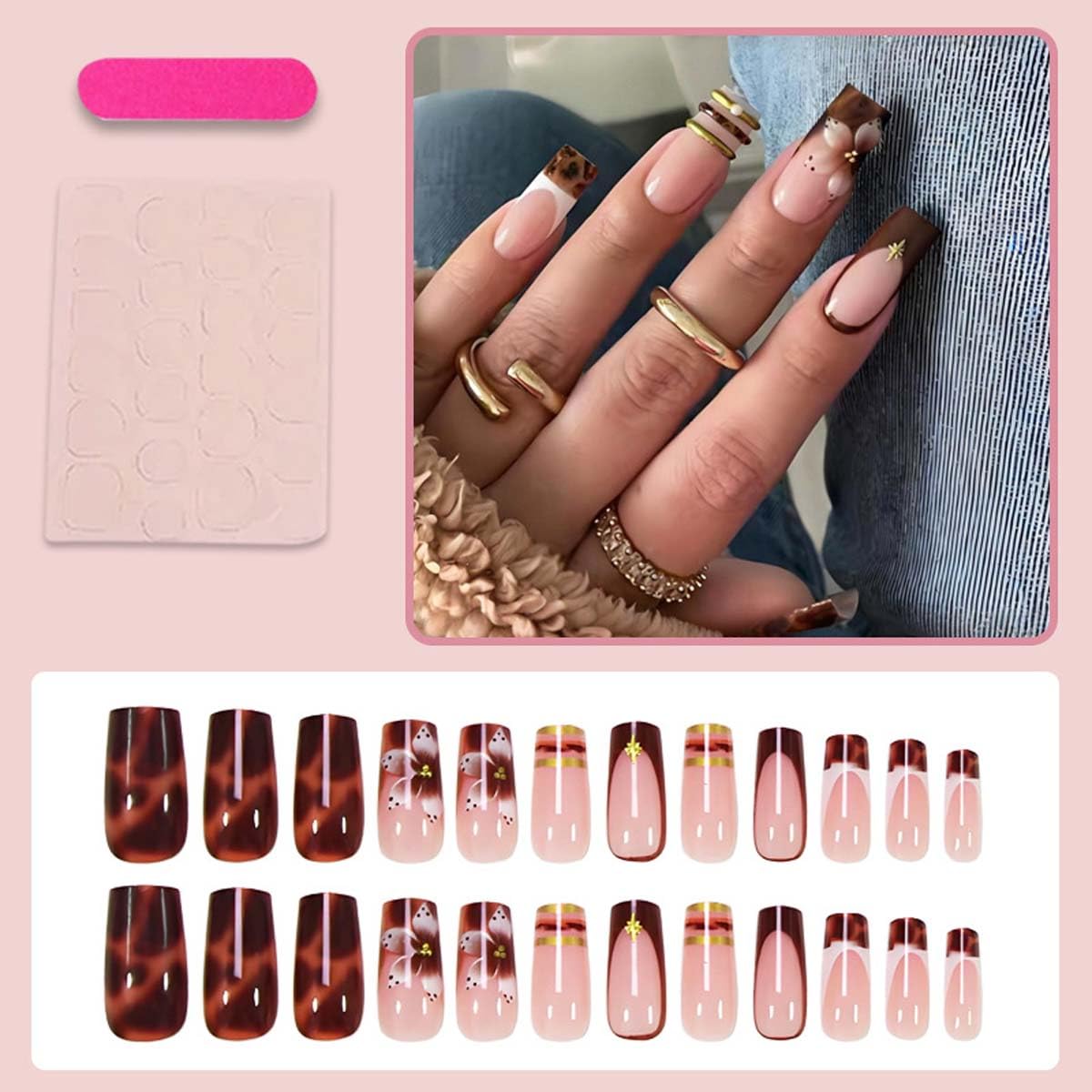 LINMEIZAI 24Pcs French Press on Nails Medium Square Flowers Fake Nails Press ons Nail Tips, Lines Stick on Nails Acrylic Nails Kit False Nails Gold Beads Design Nail Art for Women Leopard Manicure