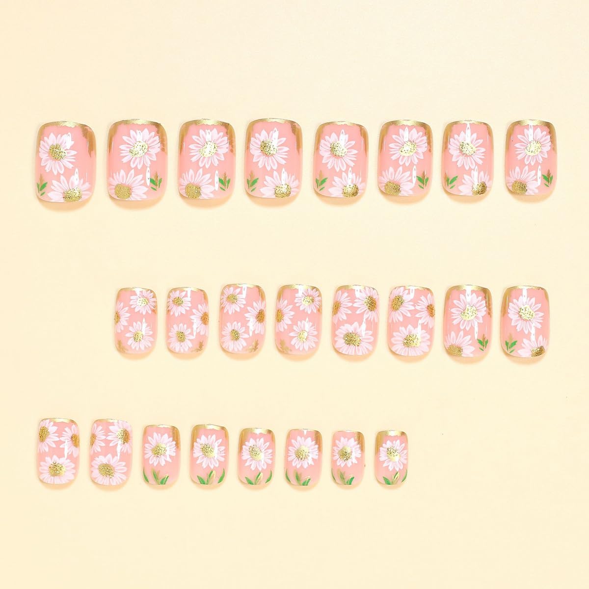 LINMEIZAI Press on Nails Short Square Spring Flower Glossy Acrylic Fake Nails Press ons Glue on False Nails for Women Reusable Cute Manicure Set Gilded Stick on Nails French Tip Kit 24Pcs