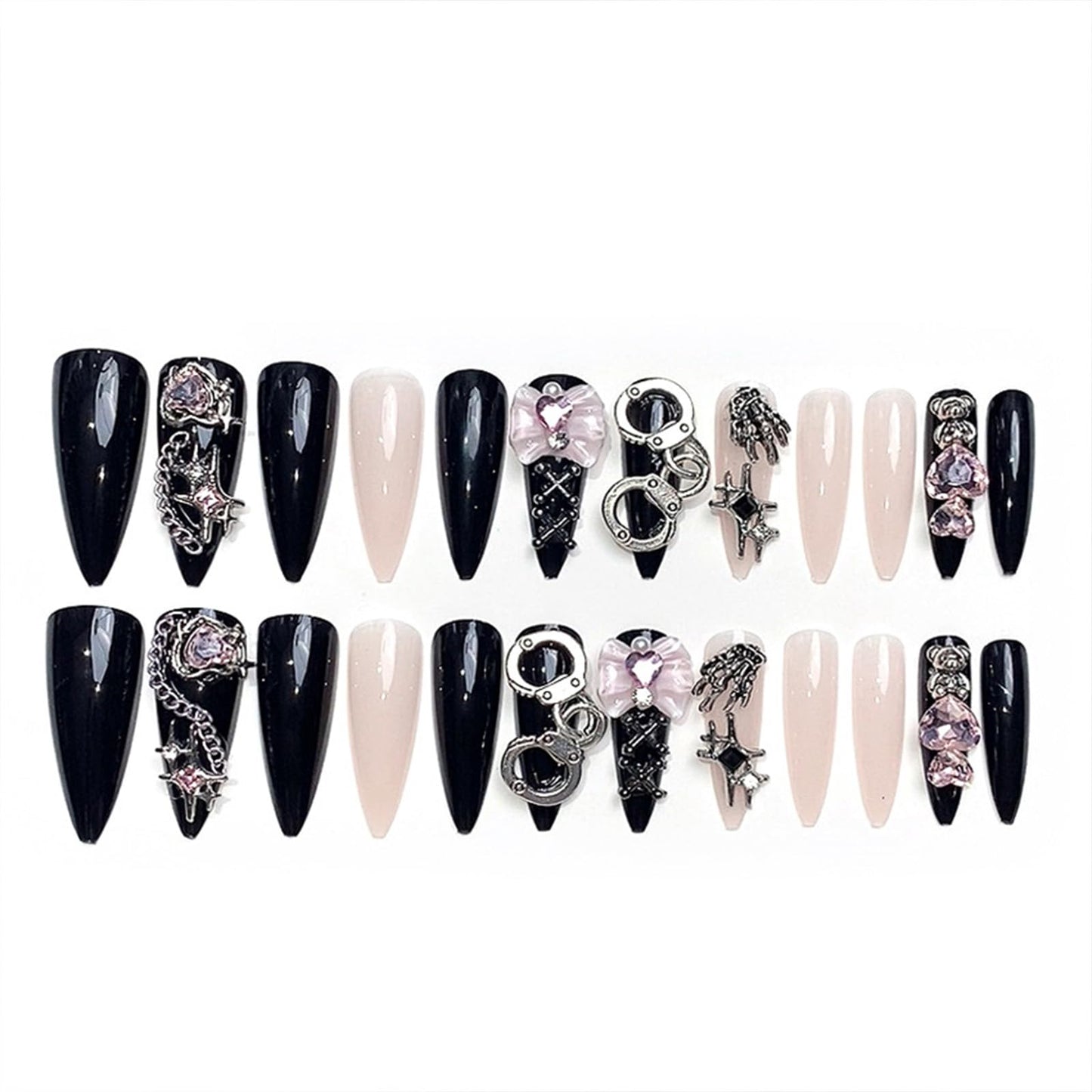 SINHOT Stiletto Press on Nails - Long Fake Nails, Glossy Finish, Y2K Charms & Goth Black, DIY Artificial False Nail Art - 24 Pcs Nail Kit with Glue
