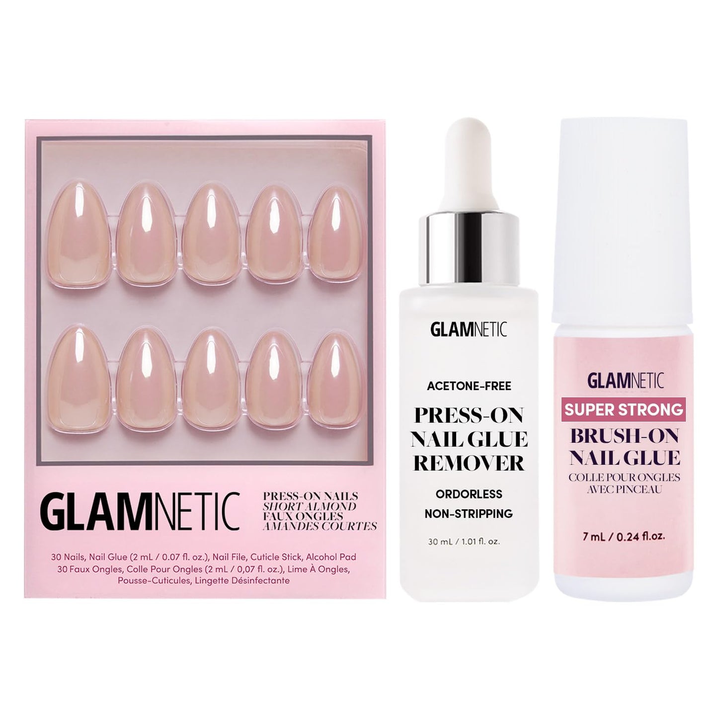 Glamnetic Press-On Nails - Los Angeles | Super Strong Brush On Nail Glue & Press-On Nail Remover | Blush Nude Pink Short Almond Nails in Glazed Finish | 15 Sizes - 30 Nail Kit with Glue and Remover