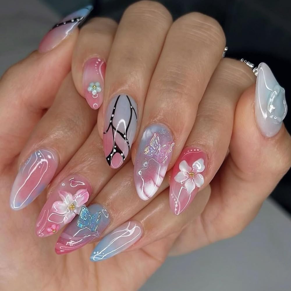 Mkwntg 24Pcs Pink Flower Press on Nails Medium Almond Fake Nails with 3D Gold Beads Pearl Butterfly Rhinestones Design Spring Floral Ombre Acrylic False Nails White Nude Stick on Nails for Women DIY