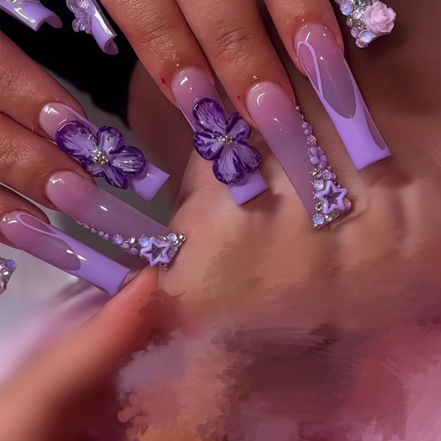 Long Press on Nails Square Fake Nails SEENEEY French Artificial Nail with Purple Floral and Rhinestones Designs Cute Stick on Nail for Women 24pcs