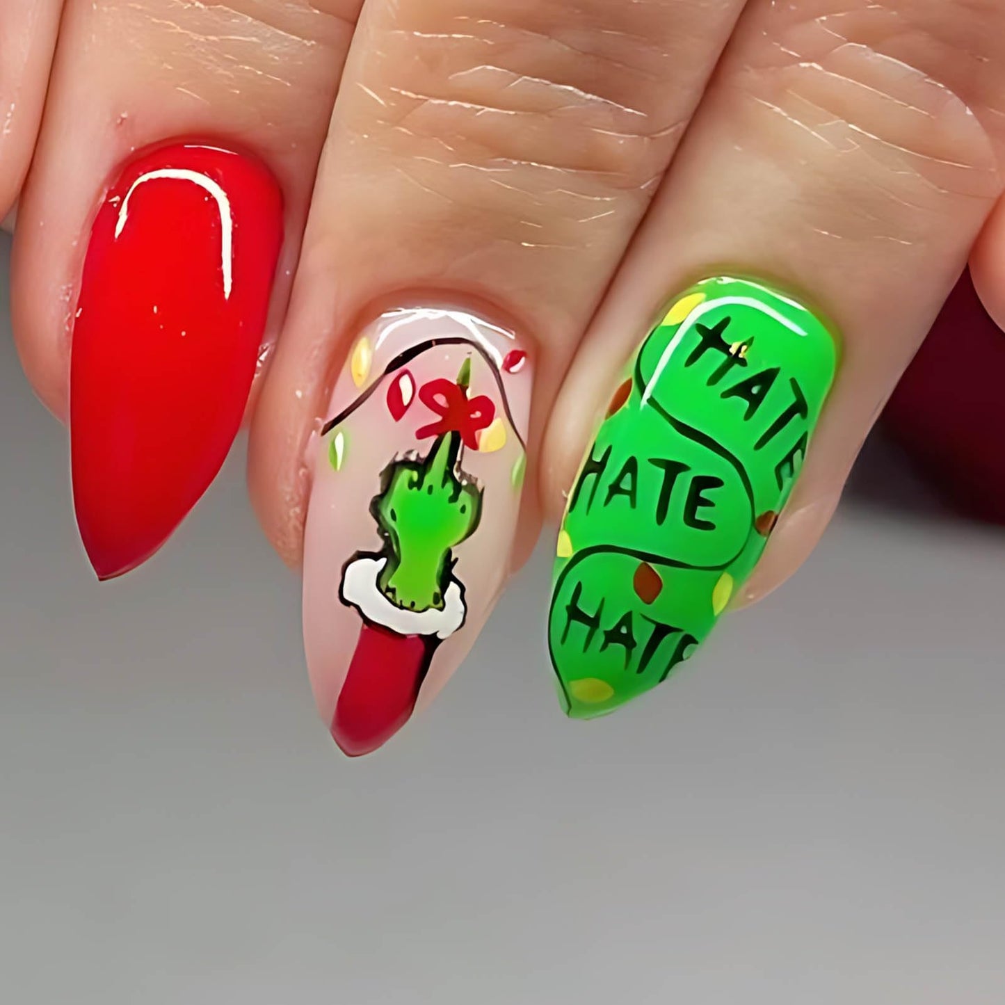 Christmas Press On Nails Medium Almond Green Fake Nails with Glue Winter Snowflake Cartoon Design,Christmas Nails Short False for Women Kids Holiday Xmas Gifts
