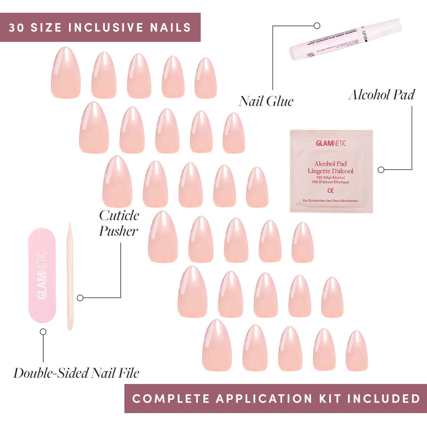 Glamnetic Press-On Nails Bundle - Seleinite, Rock Candy & Los Angeles | Soft White Sparkle Fake Nails | Pink Metallic Chrome French Tips | Blush Nude Pink Short Almond Nails