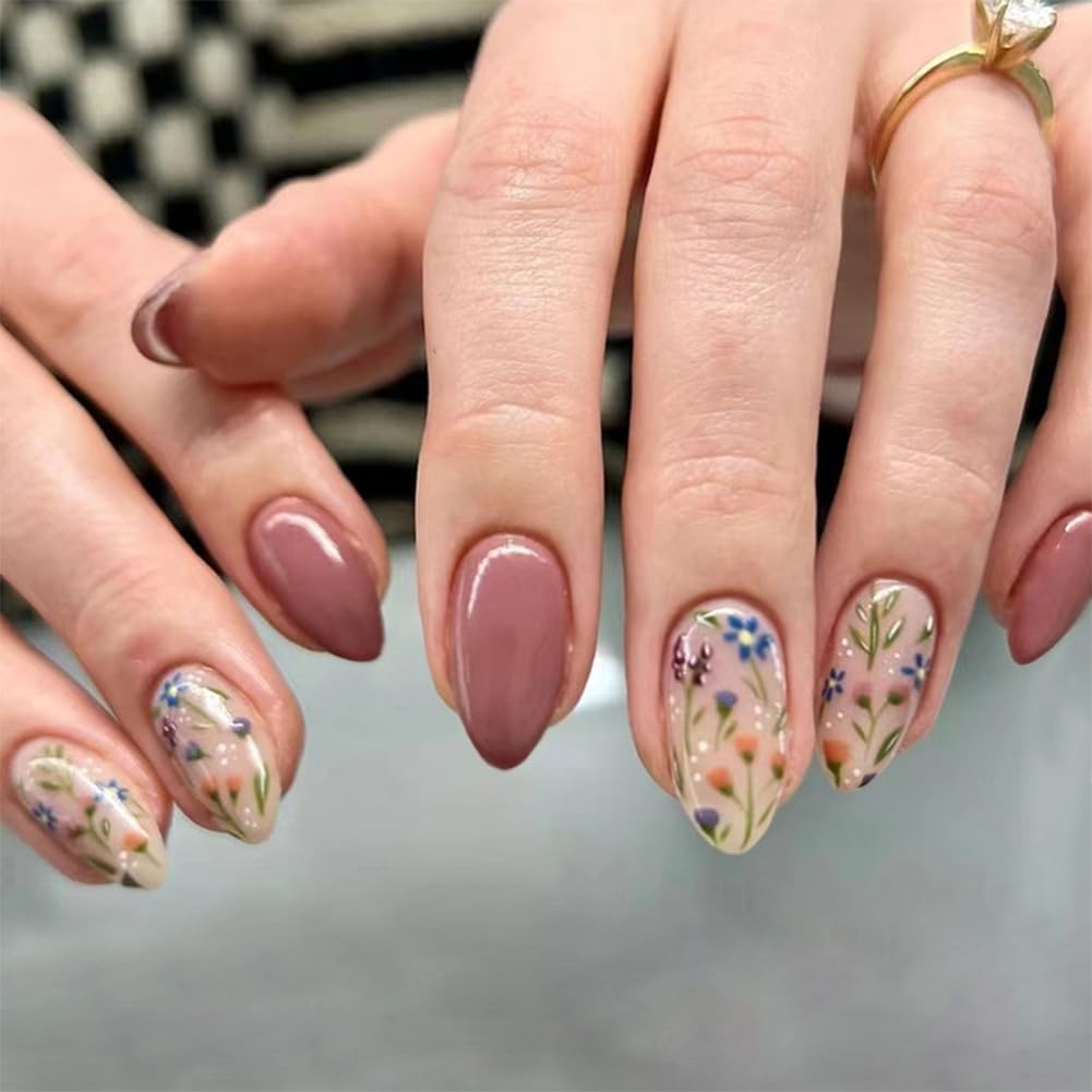 Hiynef 24Pcs Short Almond Press On Nails for Women – Glossy Acrylic Fake Nails with Floral Design, Reusable Full Cover Stick On Nails for Women & Girls