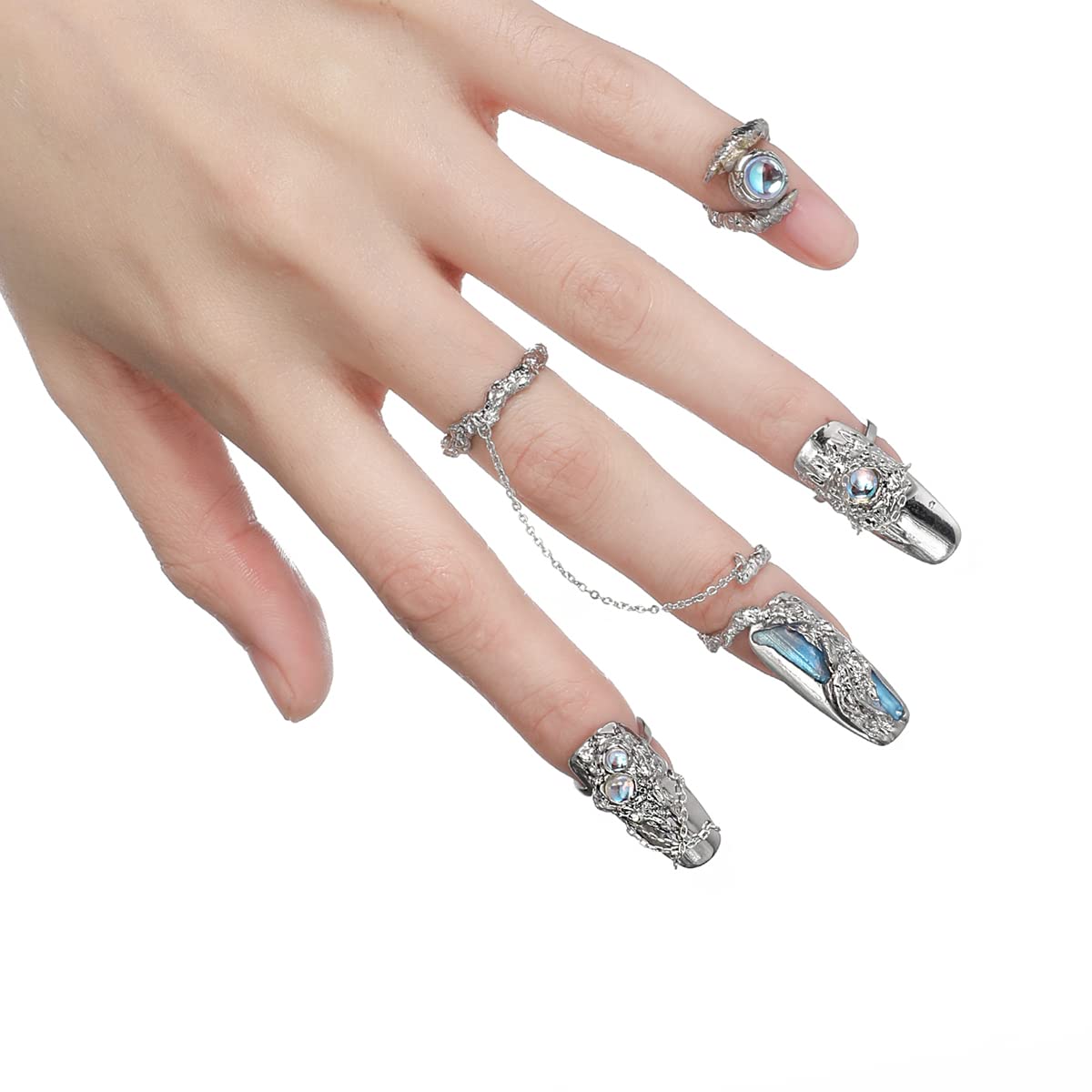 5Pcs Finger Tip Nail Rings for Women, Adjustable Opening Nail Art Charms Accessories, Finger Tip Ring Claw Rings Nail, Irregular Fingertip Nail Armor Ring Punk Jewelry Set (Blue)