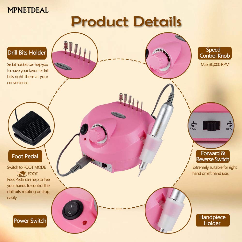 MPNETDEAL Electric Nail Drill Efile Professional Nail Drill Machine 30000RPM Tools for Acrylics Nails Natural Nails with Foot Pedal Ideal for Gel Nail at Home use or Nail Salon (Pink)