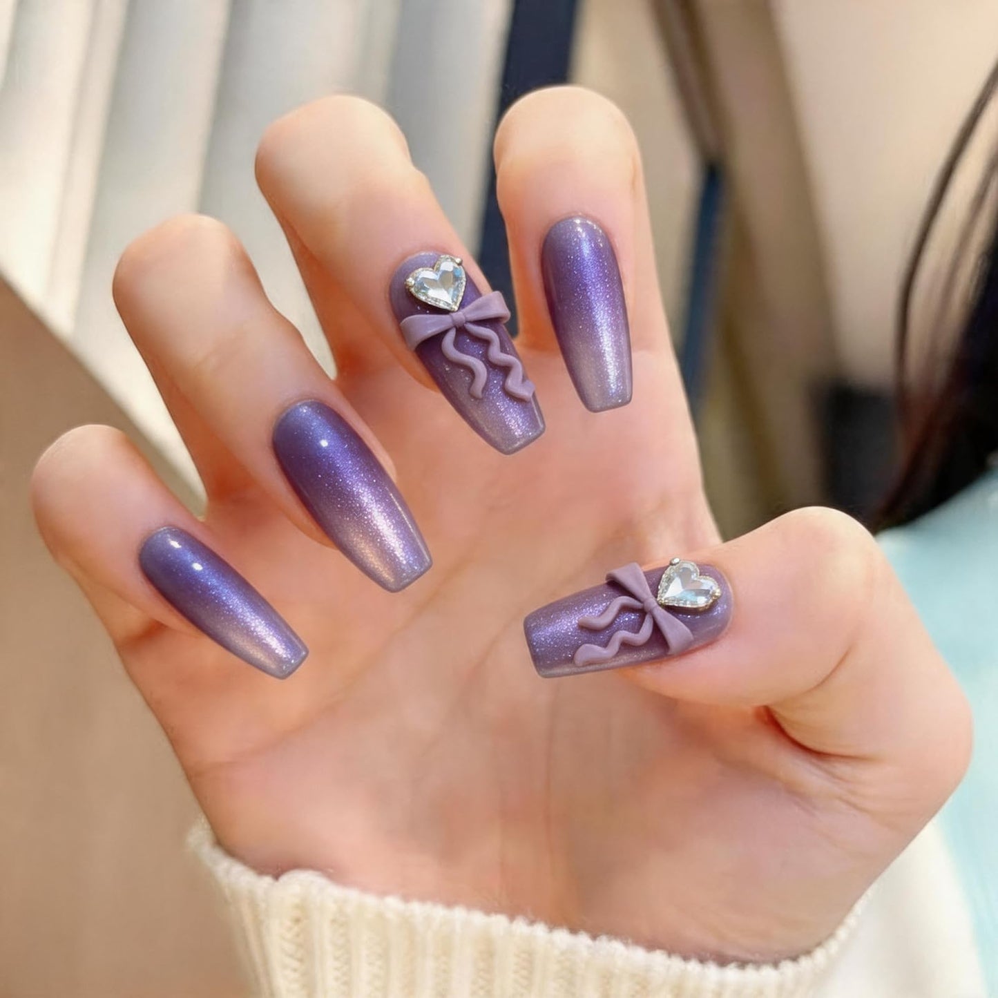DANNEASY 10PCS Handmade Press on Nails Medium Almond, Purple Cat Eye Acrylic Fake Nails with 3D Bow & Rhinestone Decor, Press ons on Nails for Women