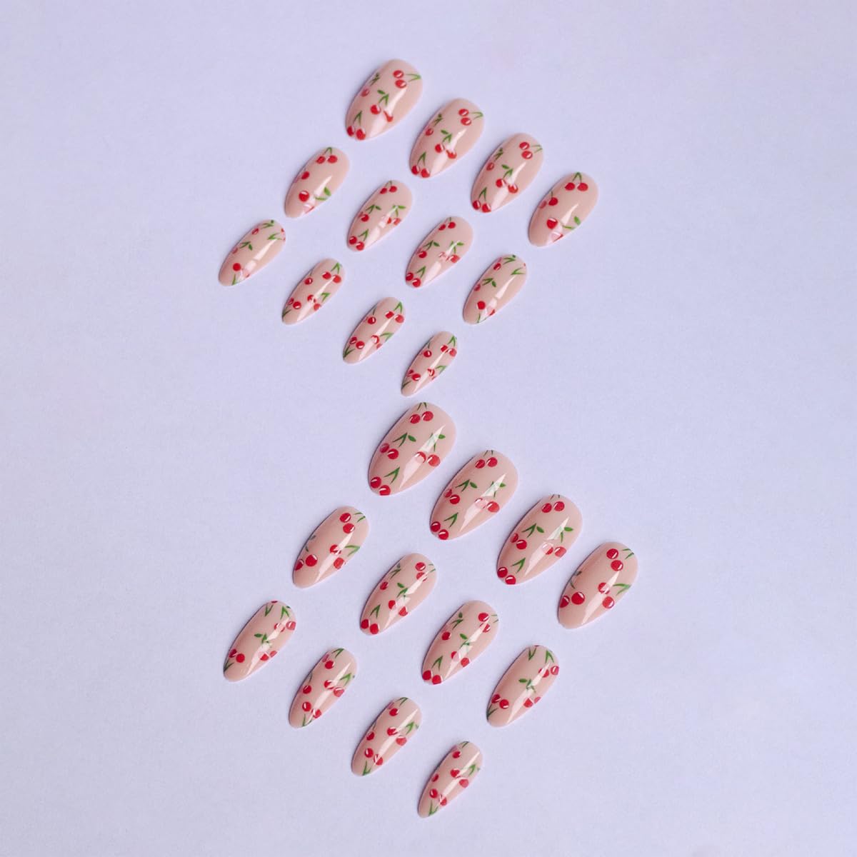 Cute Cherry Press on Nails Short Fake Nails Almond False Nails with Glossy Designs Nude Pink Acrylic Glue on Nail Reusable Holiday DIY Nail Art for Women Girls 24Pcs Stick on Nails