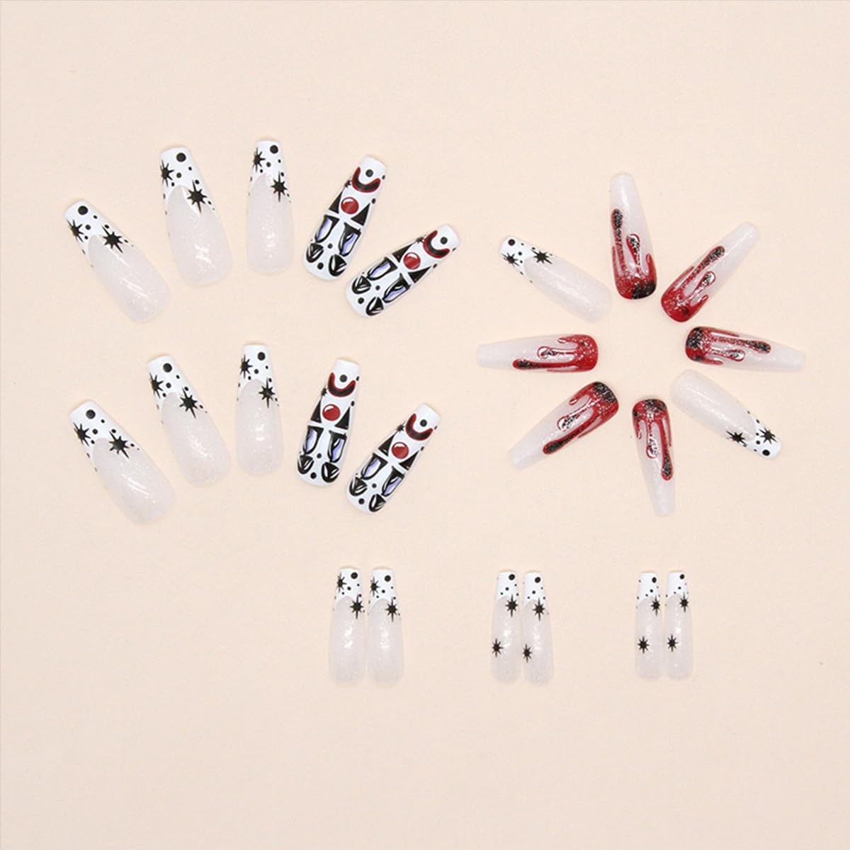 24 Pcs Halloween Press on Nails Long Coffin Fake Nails White French Tip False Nails with Designs Ghost Clown Glossy Glue on Nail Full Cover Acrylic Stick on Nail for Women Girls Manicure