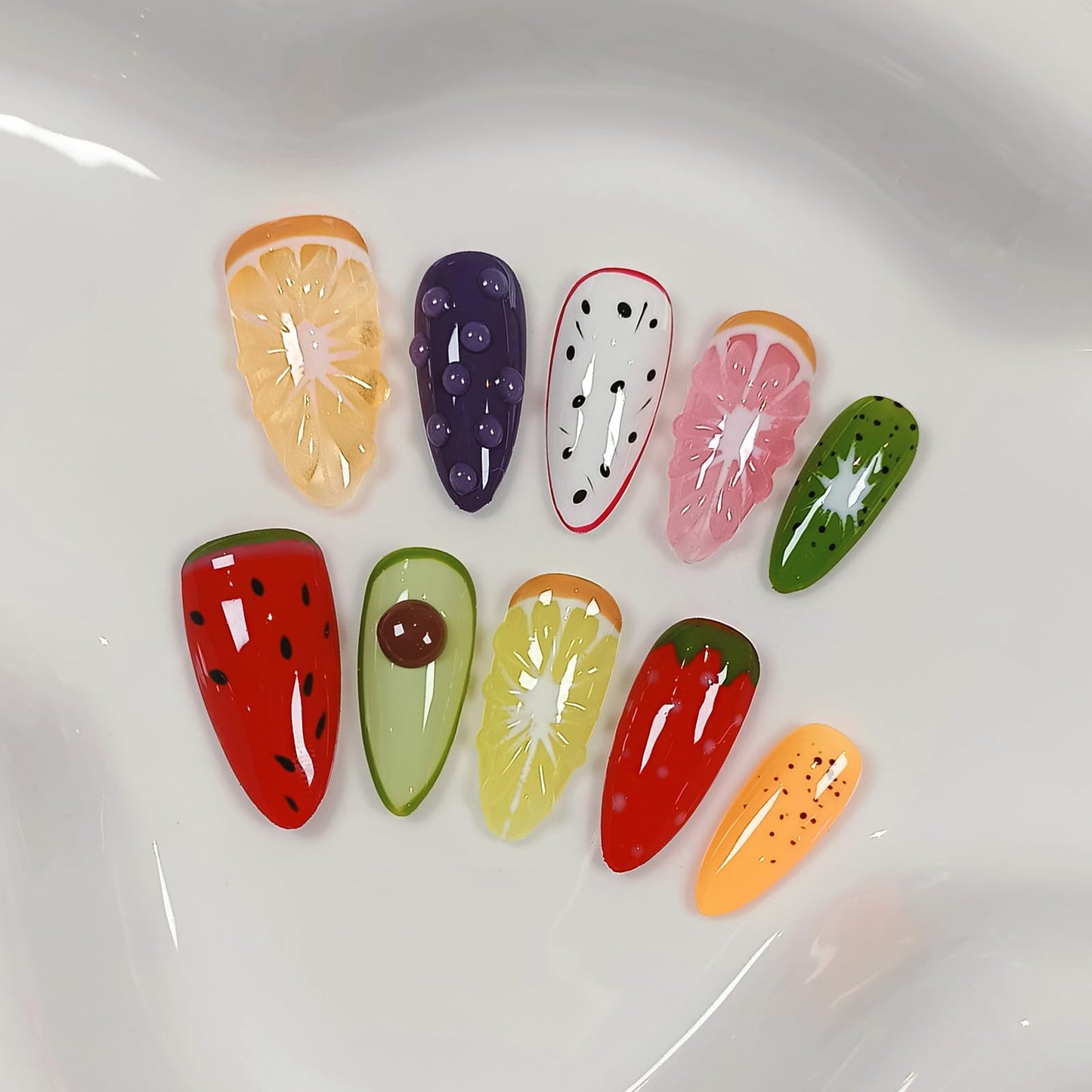 TENPAL Summer Fruit Press on Nails - Vibrant Almond Shaped Fake Nails with Kiwi, Watermelon & Avocado Designs | Reusable Colorful Nail Art for Women | Tropical Fruit Manicure Set (Medium Length,L)