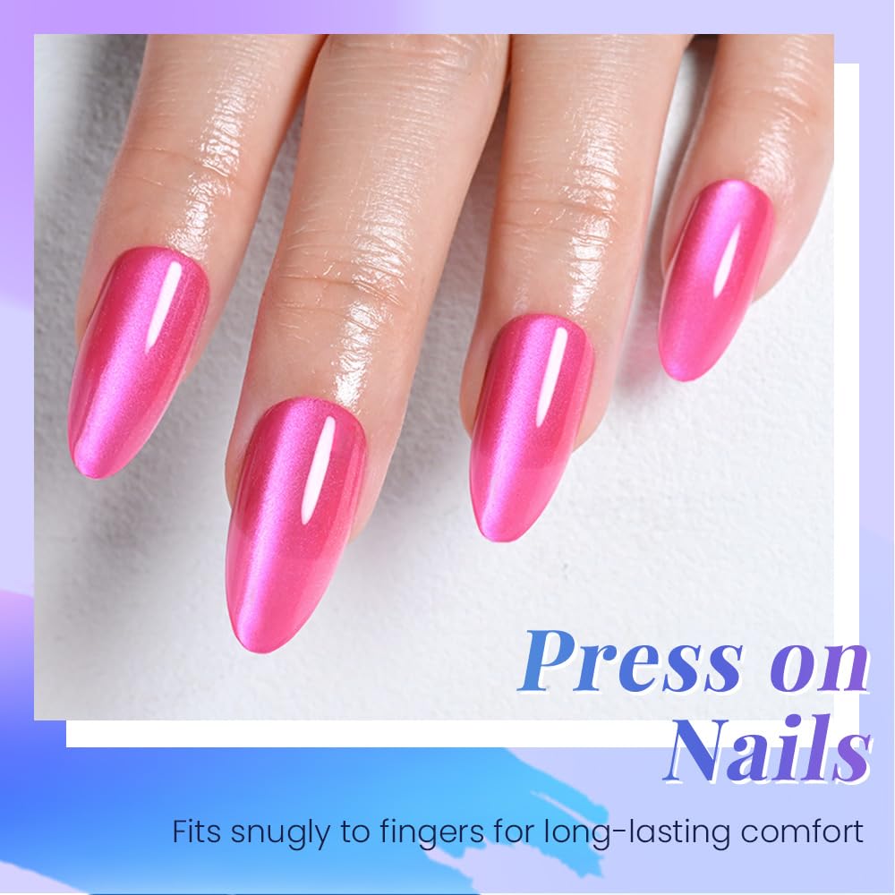 XZMeiLun Cat Eye Hot Pink Press On Nails Almond Medium, Magnetic Acrylic Fake Nails Stylish Design, Salon-Quality Shiny Finish, Reusable Stick On Nails Kit for Women, Daily Wear (No Glue Included)