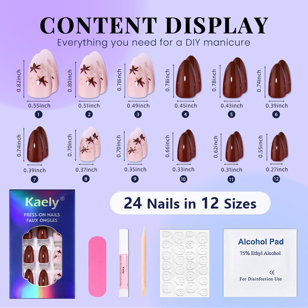 evpct Coffee Brown Press on Nails Short Almond with Leaves Design, Maple Leaf Pink Stick on Nail for Women Gift with Manicure Kit, Reusable Soft Gel Stick on Fake Nail with Designs Perfectly Fit
