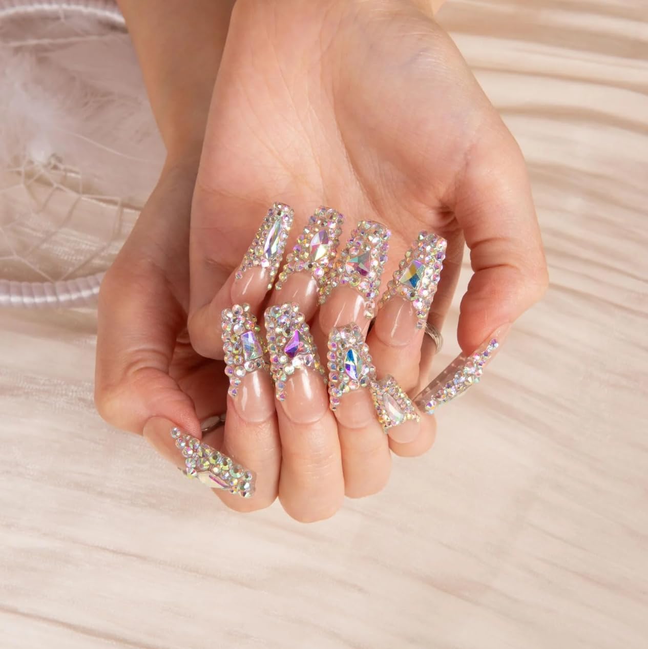 LOVFUL Reusable Press on Nails | Salon Quality Sustainable Style Handmade with Full Covered Crystals | Coffin Classic Regular 1.3 in | (Angel's Tear Rhinestone, S)