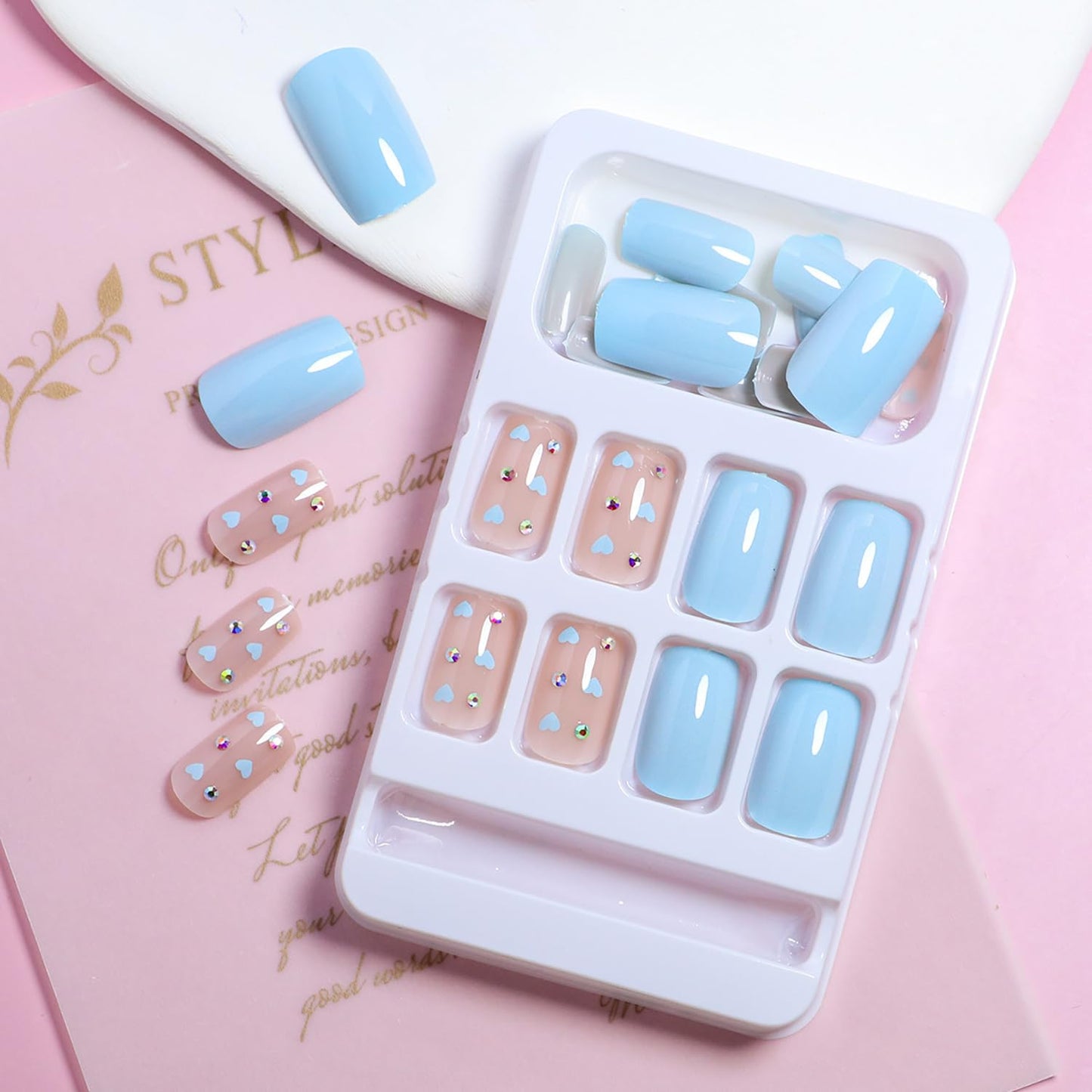 Vezocim Press on Nails Medium Blue Heart 24Pcs Glossy Full Cover Square False Nails with Rhinestone Designs Artificial Coffin Fake Nails with Glue Stick on Fingernails for Women