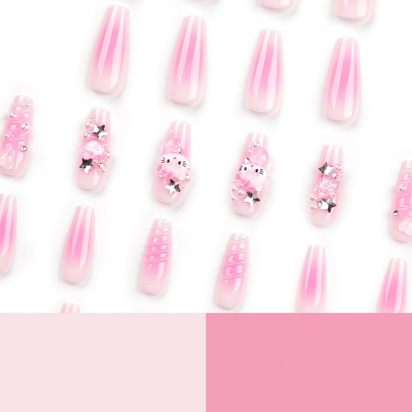 24Pcs Pink Press on Nails Long Coffin Fake Nails with Cute Rhinestones Designs 3D Bow Acrylic Nails Full Cover Cute Cartoon False Nail Set Diamond Star Bow Stick on Nails for Women