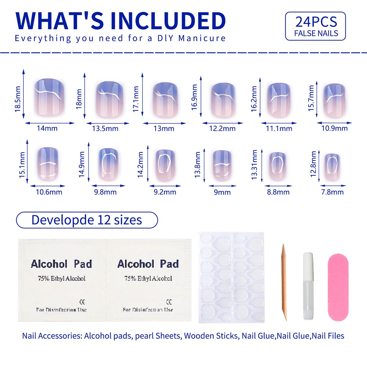 Mivota Short Square Press On Nails blue Nude Gradient False Nails with Silver Streaks Acrylic Press in Nail Gel Stick On Nails Set Glue on Nails for Women & Girls 24Pcs