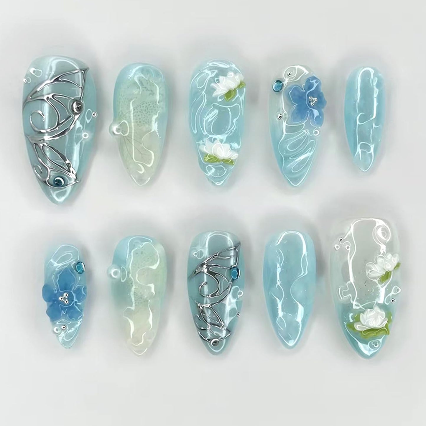 30Pcs Blue Smudge Press on Nails Medium Almond Fake Nails with 3D Rhinestone Pearls Design Butterfly Floral False Nails Lotus Flower Glue on Nail Glossy Full Cover Water Ripples Acrylic Nail for Women