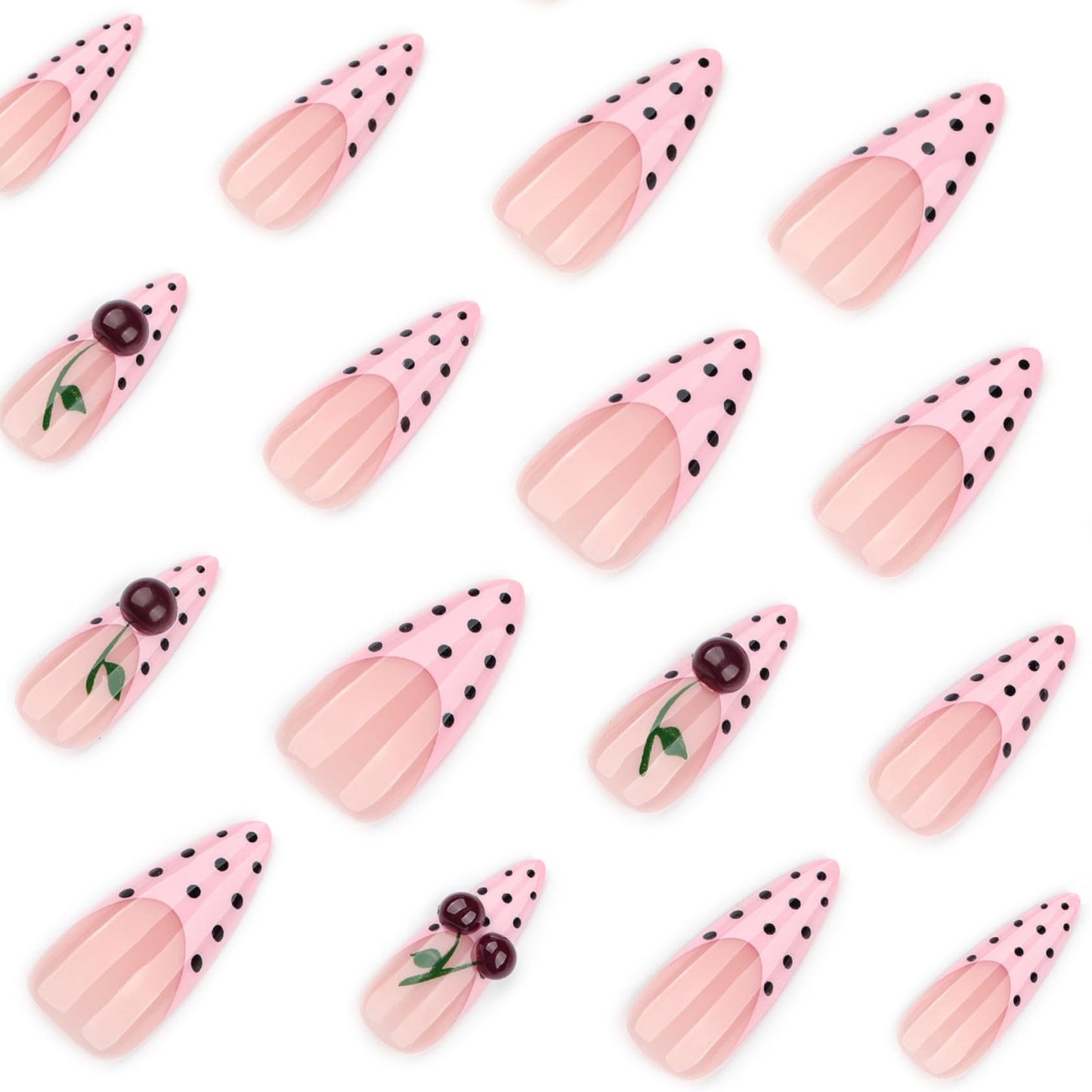 Long Almond Press on Nails for Women 3D Cherry Polka Dot Fake Nails Artificial Stick on Nail