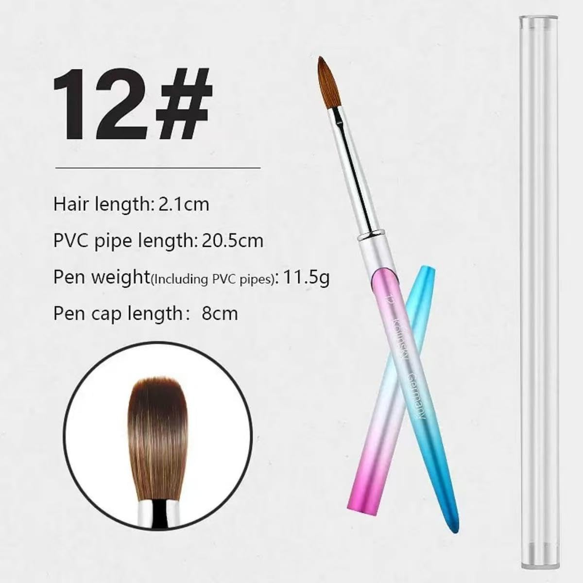 100% Pure Kolinsky Acrylic Nail Brush Size 12, Hair Acrylic Crystal Ombre Silver Blue Pink Handle with Silver Ferrule Round Shaped for Women Girls Manicure Nail Tools Accessories