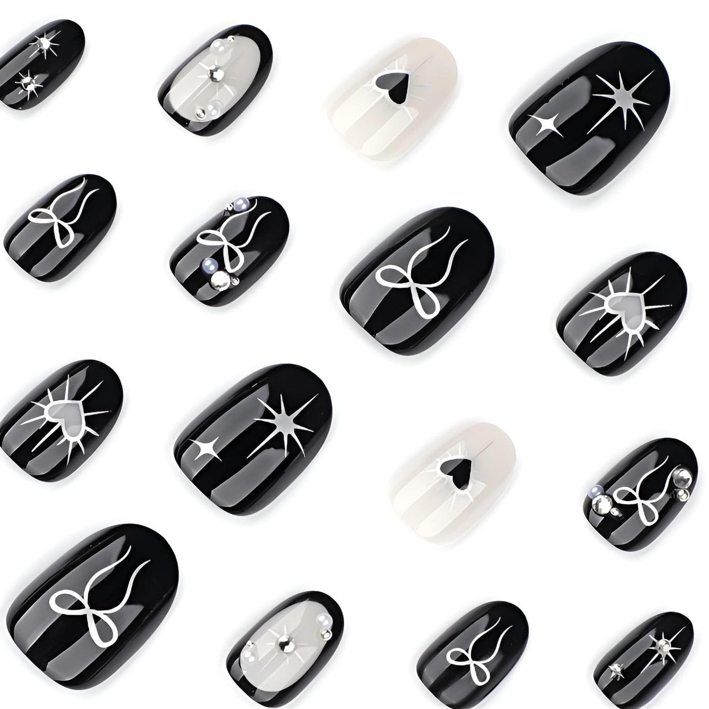 Black Press on Nails Short Almond Fake Nails Silver Bow Heart Nails Press Ons Star False Nails with Rhinestones Design Glossy Glue on Nail DIY Acrylic Stick on Nail for Women Decorations 24Pcs