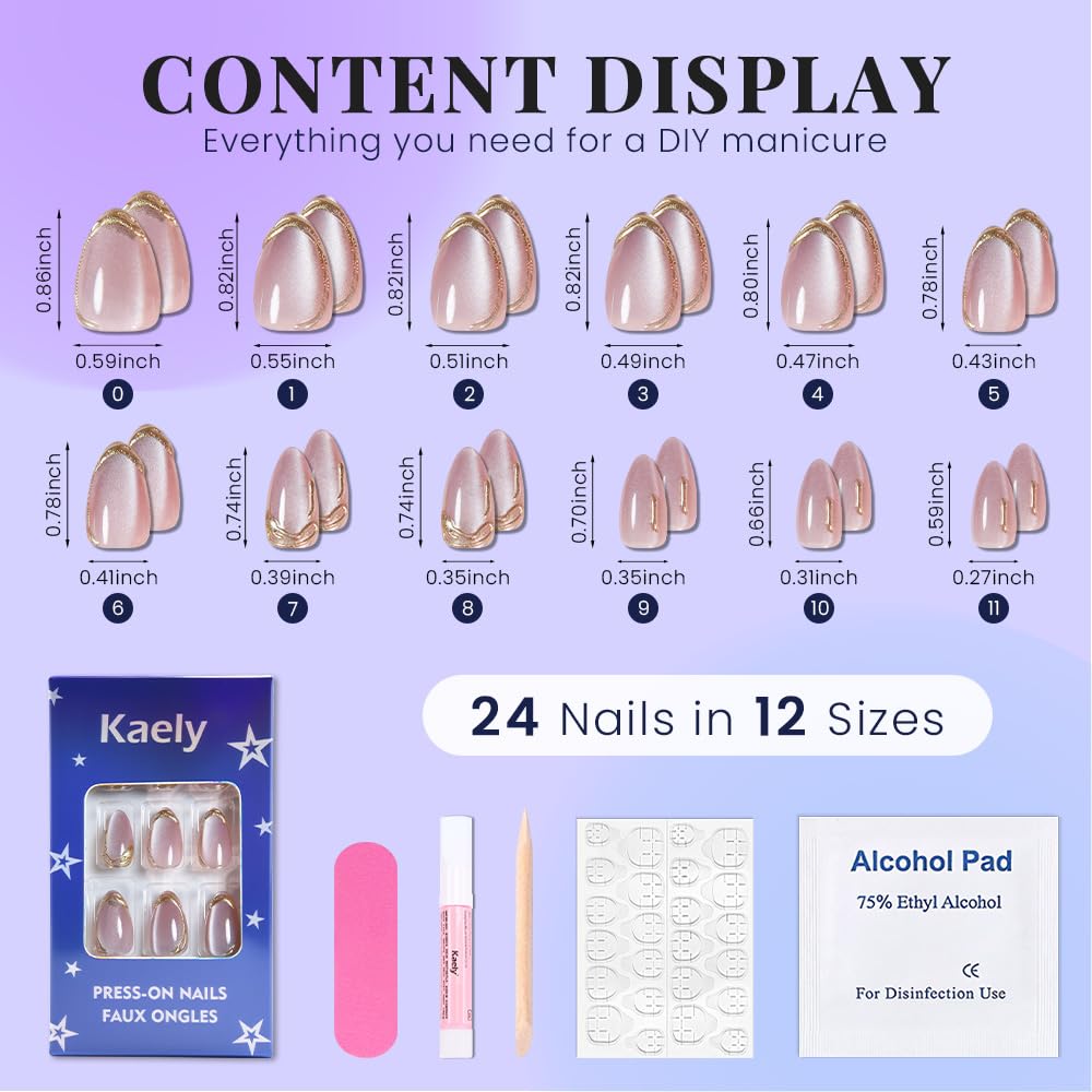 evpct Pink Cat Eye Press on Nails Short Almond with Gold Liner Design, Gold French Tip Stick on Nail for Women Gift with Kit, Reusable Full Cover Soft Gel Press on Fake Nail with Cat Eye Design
