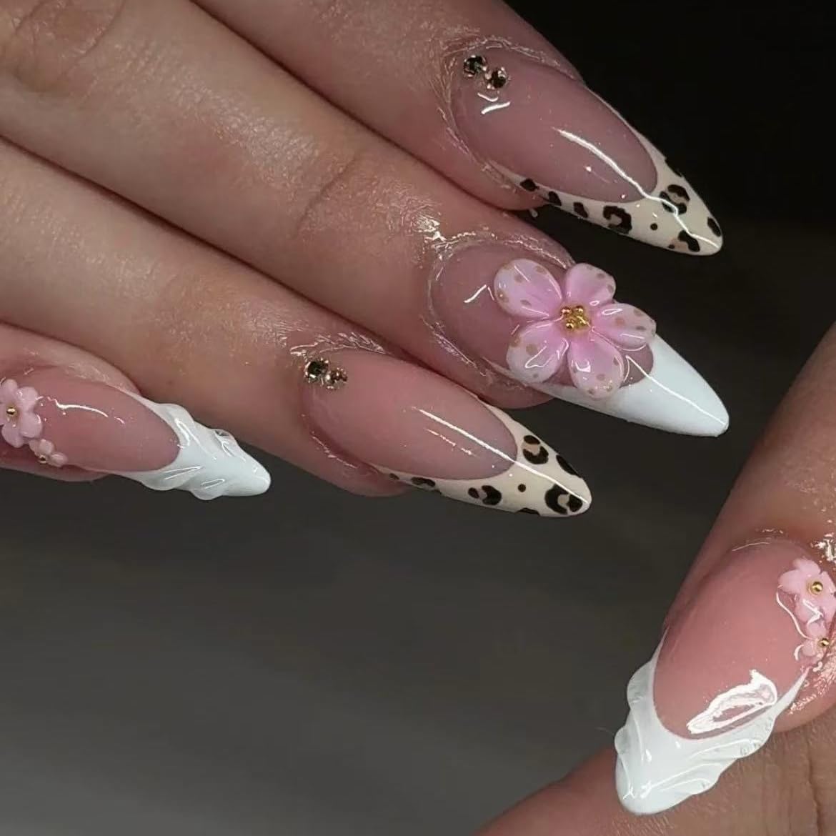 Handmade French Tip Press on Nail Almond Fake ons with Designs Chrome False Nails Long Glossy Full Cover Glue on Nails Stick Women Nails Manicure Decoration 10Pcs (MT-166-S)