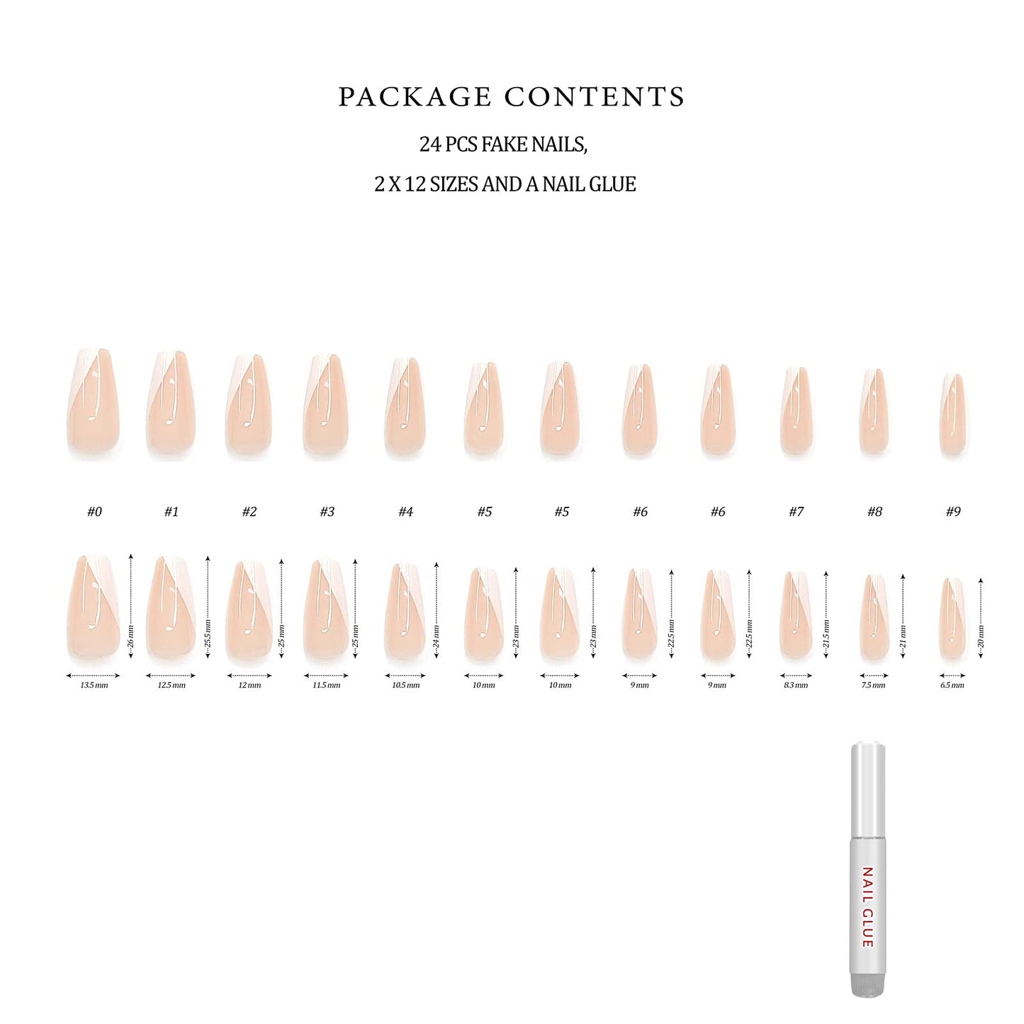 Hypnaughty 24 Pcs Paris Classy French Coffin Press On Nails with Design and Glue Medium Long Fake Nails Nude Pink and White Asymmetrical French Tip Glue On Nails Full Cover (Paris)