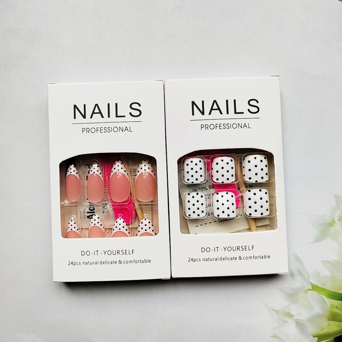 48Pcs White French Tip Press on Nails Medium Almond & Press on Toenails Set - Fake Nails Press ons Nail Art Tips Cute Glue on Nails Full Cover Fake Toe Nail Black Polka Dots Design Acrylic Nail Kit