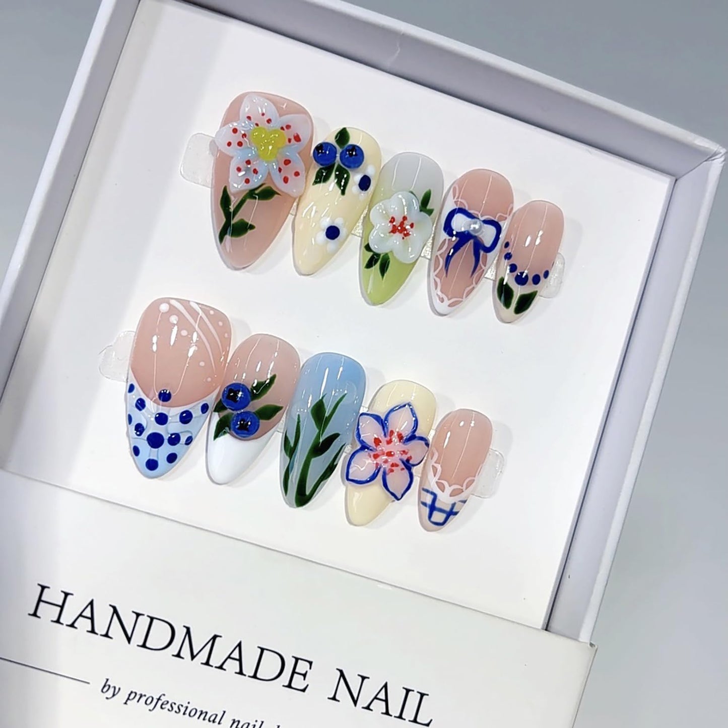 Spring Almond Handmade Nails with Flower Polka Dot Design French Press on Nails Reusable Artificial Acrylic Fake Nail for Women Girls Full Cover Stick on Nail Stick on Nail 10 Pcs （S）