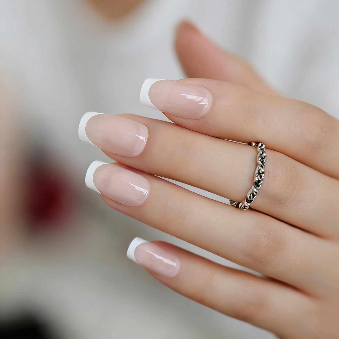 Glossy Natural Nude White French Press On Nails Square - IKISKT Acrylic False Nails, Glue On Nails with Glue Sticker Salon Women Girls DIY Stick On Nails - 24PCS UV Gel Reusable Fake Nails Kit