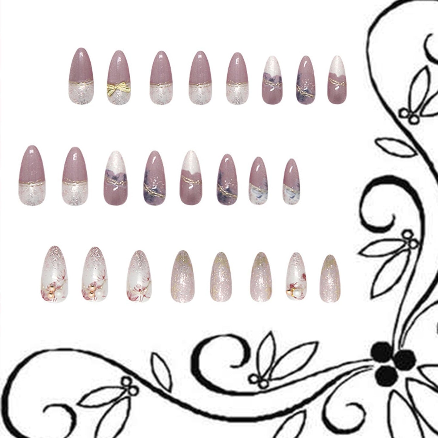 24Pcs Flower Press on Nails Medium Almond Shaped Pearl Bow Design Glitter Powder False Nail Full Cover Glossy Purple Artificial Stick on Nails Reusable 3D Floral Press Ons Glue on Nail for Women