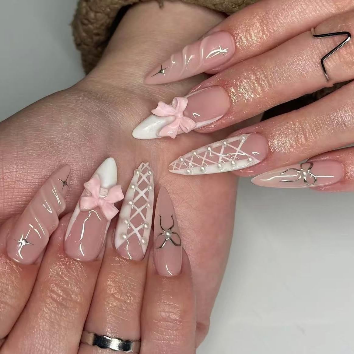Handmade French Tip Press on Nail Almond Fake ons with Designs Chrome False Nails Long Glossy Full Cover Glue on Nails Stick Women Nails Manicure Decoration 10Pcs (MT-172-M)