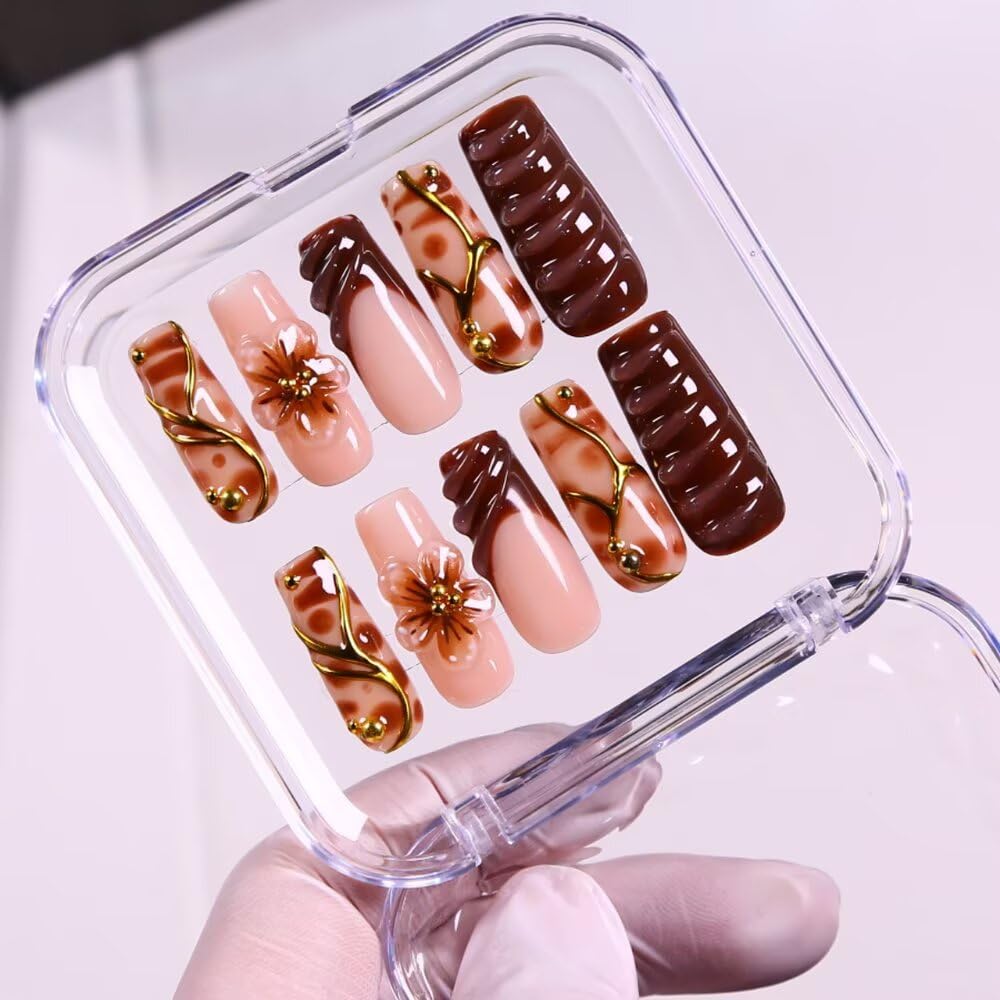 Press On Nails - MAGLFELL Handmade Square Fake Nails, Spring & Summer Painting 3D Floral Design, Reusable Artificial False Nails for Women 15 Sizes - 30Pcs Stick On Nails Kit