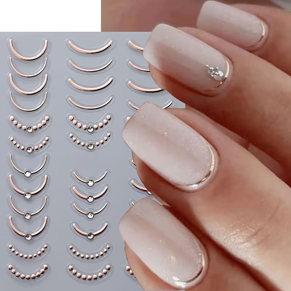 French Line Nail Art Stickers,Gold Silver Line Diamond Nail Stickers 5D Self-Adhesive Nail Decals 2Pcs Nail Art Supplies Gold Silvery Lines Stripe Deisgns for Women Nails Decor