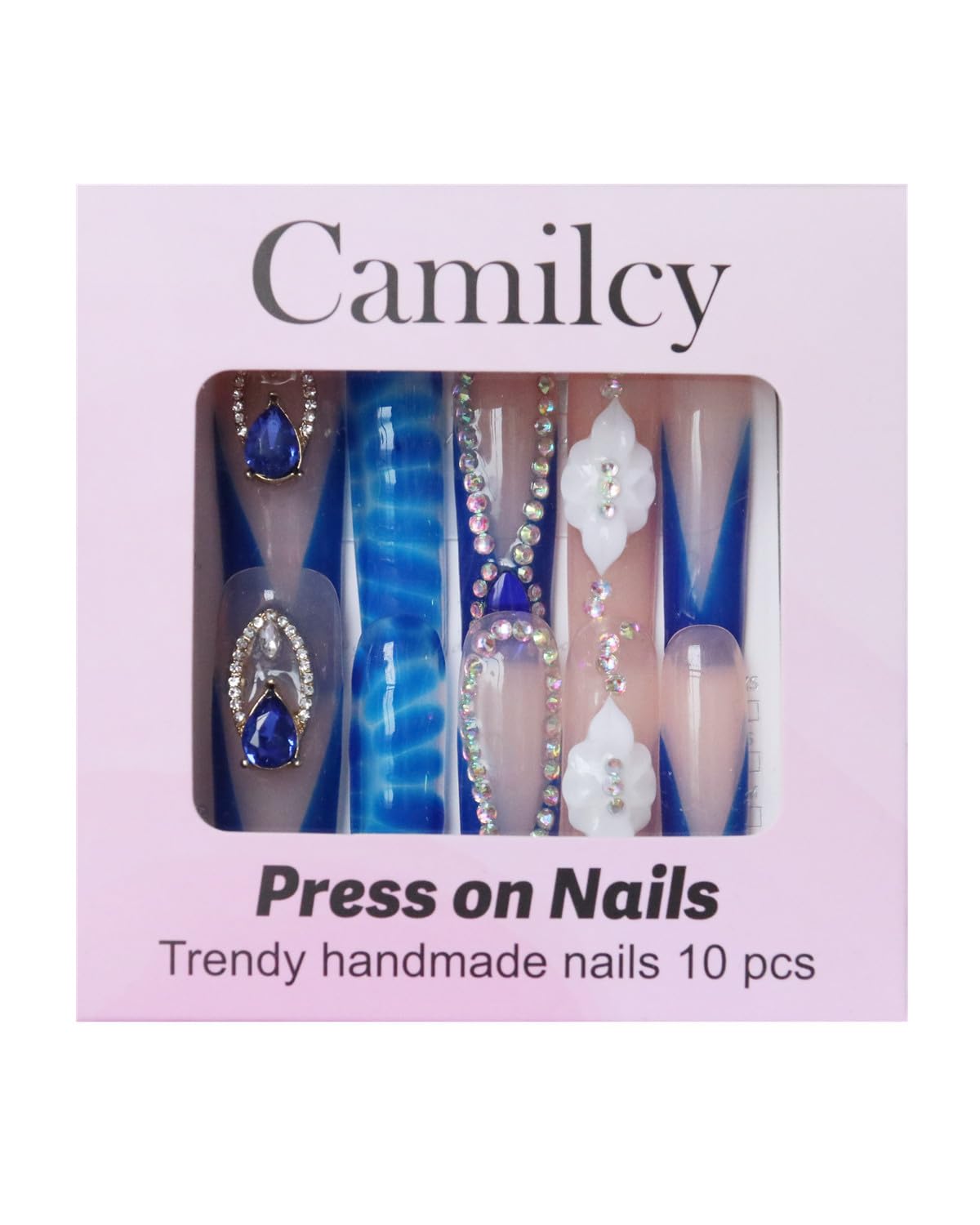 CAMILCY Luxury Handmade Coffin Press on Nails Long Length Blue Water Ripple Gem Flower Design Glossy Full Cover Acrylic Fake Nails for Women 10pcs (B22, S)