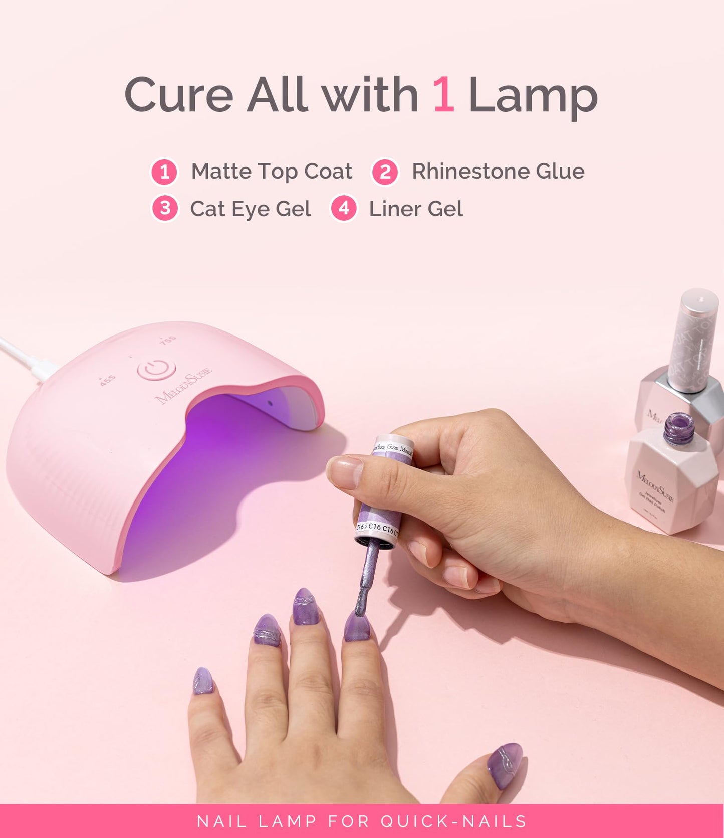 MelodySusie Mini LED UV Nail Lamp with Lightweight Design, P-ART06F Nail Dryer with Simple Button Control Cures All Soft Gels at Home, Especially Half-Cured Gel, Base Coat & Top Coat Pink